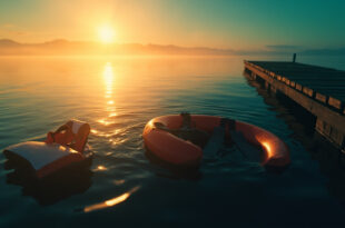 Abandoned life vest and deflated tube floating on calm lake at dusk, empty dock silhouetted against golden sunset