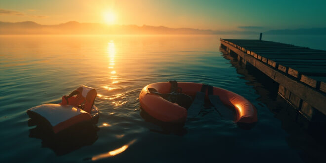 Abandoned life vest and deflated tube floating on calm lake at dusk, empty dock silhouetted against golden sunset