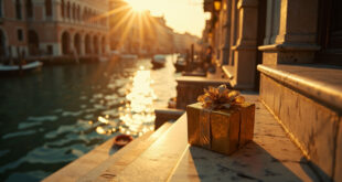 Ornate gift box sits on marble steps beside a quiet Venetian canal at golden hour, reflecting venetian gold and deep blue