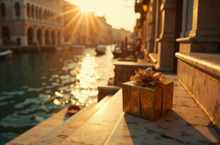 Ornate gift box sits on marble steps beside a quiet Venetian canal at golden hour, reflecting venetian gold and deep blue