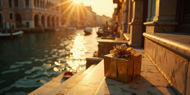 Ornate gift box sits on marble steps beside a quiet Venetian canal at golden hour, reflecting venetian gold and deep blue