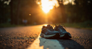 Worn running shoes on an empty finish line of a park trail at dawn, bathed in morning blue light.