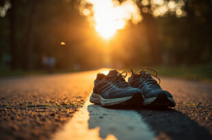 Worn running shoes on an empty finish line of a park trail at dawn, bathed in morning blue light.