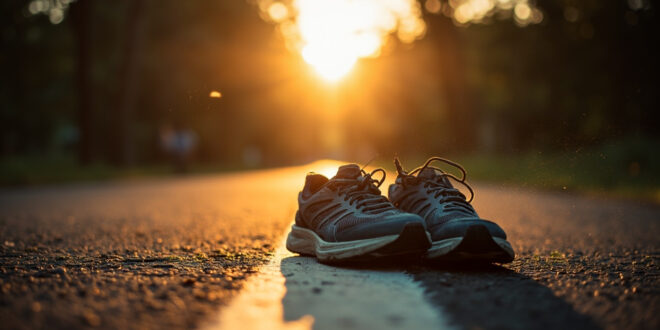 Worn running shoes on an empty finish line of a park trail at dawn, bathed in morning blue light.