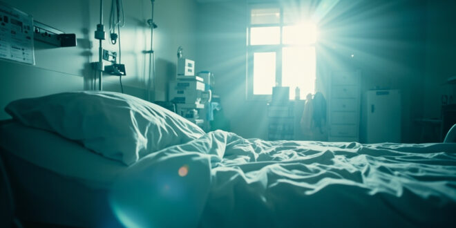 Empty hospital room at dawn with unmanned medical equipment and vacant bed with charts, bathed in soft blue light.