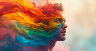 Rainbow pride flag dissolving into fluid watercolor spectrum against abstract colorful gradient background
