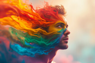 Rainbow pride flag dissolving into fluid watercolor spectrum against abstract colorful gradient background