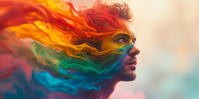 Rainbow pride flag dissolving into fluid watercolor spectrum against abstract colorful gradient background