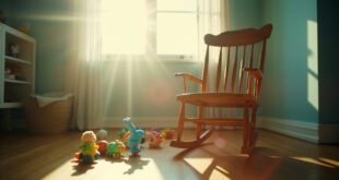Empty nursery with rocking chair and abandoned baby toys scattered on wooden floor, bathed in gentle morning light