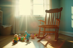 Empty nursery with rocking chair and abandoned baby toys scattered on wooden floor, bathed in gentle morning light