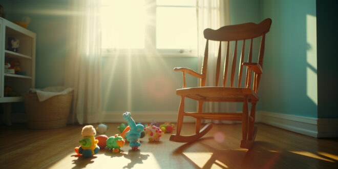 Empty nursery with rocking chair and abandoned baby toys scattered on wooden floor, bathed in gentle morning light