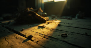 Abandoned engagement ring glints on wooden table in dimly lit room with scattered belongings