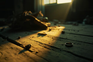 Abandoned engagement ring glints on wooden table in dimly lit room with scattered belongings