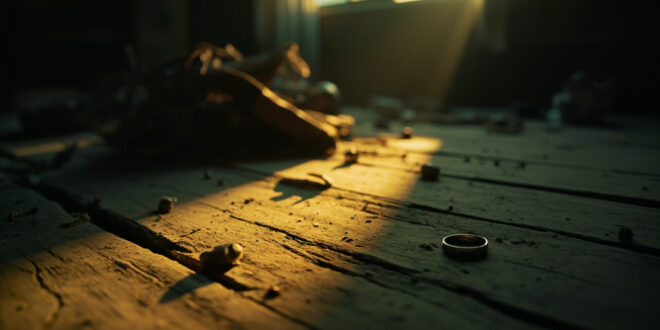 Abandoned engagement ring glints on wooden table in dimly lit room with scattered belongings