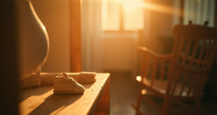 Empty wooden rocking chair sits in a warmly lit nursery with small baby shoes arranged on a wooden shelf