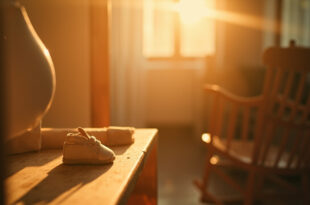 Empty wooden rocking chair sits in a warmly lit nursery with small baby shoes arranged on a wooden shelf