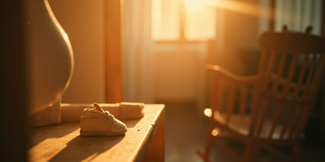 Empty wooden rocking chair sits in a warmly lit nursery with small baby shoes arranged on a wooden shelf