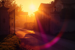 Abandoned luxury mansion with real estate sign at golden hour, empty rooms visible through windows in fading light