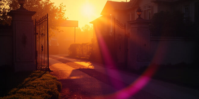 Abandoned luxury mansion with real estate sign at golden hour, empty rooms visible through windows in fading light