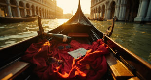 Abandoned protest banner against luxury tourism lies near empty gondola with luxury items in deserted St. Mark's Square at dawn