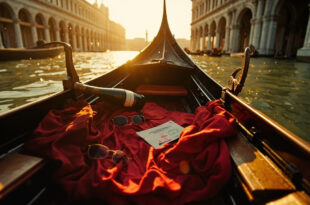 Abandoned protest banner against luxury tourism lies near empty gondola with luxury items in deserted St. Mark's Square at dawn