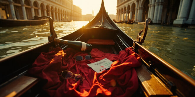 Abandoned protest banner against luxury tourism lies near empty gondola with luxury items in deserted St. Mark's Square at dawn