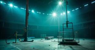 Silent gymnastics equipment stands abandoned in an empty arena, bathed in silver and blue light after controversy