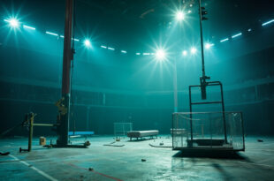 Silent gymnastics equipment stands abandoned in an empty arena, bathed in silver and blue light after controversy