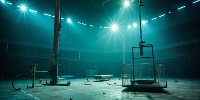 Silent gymnastics equipment stands abandoned in an empty arena, bathed in silver and blue light after controversy