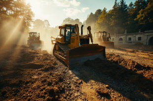 Heavy construction machinery excavating soil at a garden renovation site, surrounded by dirt and gravel where plants once grew