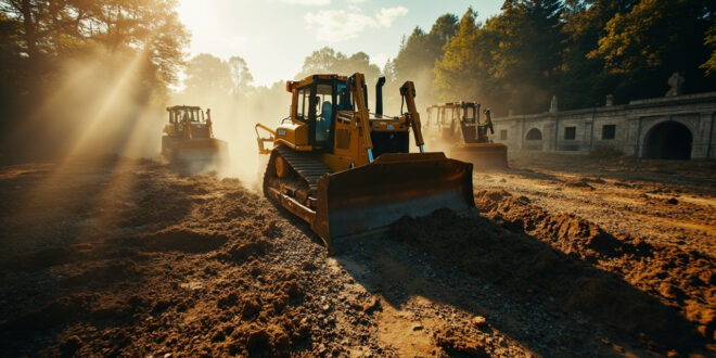 Heavy construction machinery excavating soil at a garden renovation site, surrounded by dirt and gravel where plants once grew