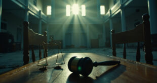 Empty university courtroom with abandoned gavel and scales of justice on bench after controversial ruling on political slogan
