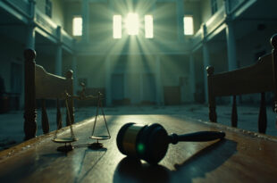 Empty university courtroom with abandoned gavel and scales of justice on bench after controversial ruling on political slogan