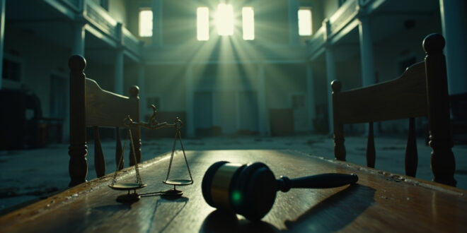 Empty university courtroom with abandoned gavel and scales of justice on bench after controversial ruling on political slogan