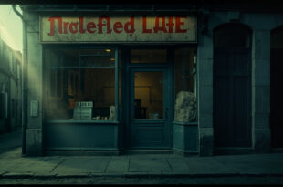 Abandoned Jewish tailoring shop with locked door and faded signage in an empty German storefront amid discrimination scandal