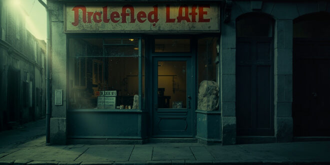 Abandoned Jewish tailoring shop with locked door and faded signage in an empty German storefront amid discrimination scandal