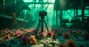 Professional camera and tripod abandoned among flowering plants in an empty garden center with dramatic lighting.