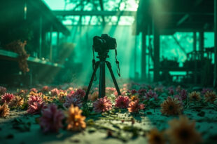 Professional camera and tripod abandoned among flowering plants in an empty garden center with dramatic lighting.