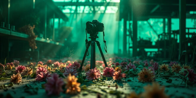 Professional camera and tripod abandoned among flowering plants in an empty garden center with dramatic lighting.