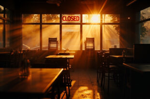 Empty restaurant interior with stacked chairs, closed sign, and darkened windows showing aftermath of business closure