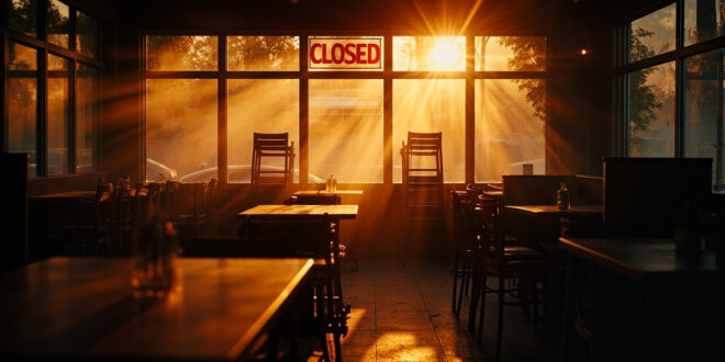 Empty restaurant interior with stacked chairs, closed sign, and darkened windows showing aftermath of business closure