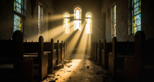 Abandoned Syrian Orthodox church interior with damaged sanctuary, empty wooden pews, and broken windows bathed in golden light