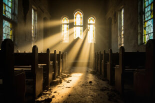 Abandoned Syrian Orthodox church interior with damaged sanctuary, empty wooden pews, and broken windows bathed in golden light