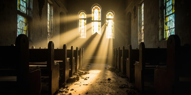 Abandoned Syrian Orthodox church interior with damaged sanctuary, empty wooden pews, and broken windows bathed in golden light