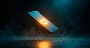 Smartphone displaying protective heart and shield emoji on social media interface with blue glow and gold protective overlay