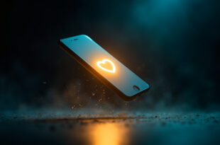 Smartphone displaying protective heart and shield emoji on social media interface with blue glow and gold protective overlay