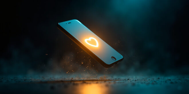 Smartphone displaying protective heart and shield emoji on social media interface with blue glow and gold protective overlay