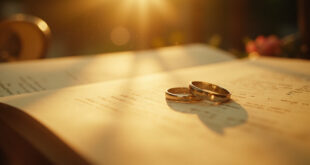 Wedding rings resting on open television script pages at an outdoor garden ceremony setup, bathed in ivory and bronze light