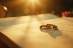 Wedding rings resting on open television script pages at an outdoor garden ceremony setup, bathed in ivory and bronze light
