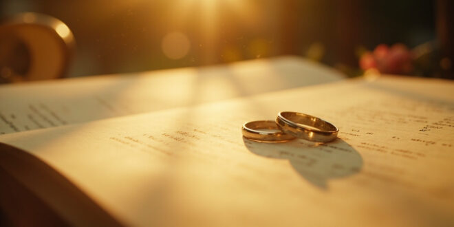 Wedding rings resting on open television script pages at an outdoor garden ceremony setup, bathed in ivory and bronze light
